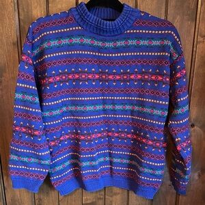Vintage Retro Eddie Bauer Blue Patterned Crewneck Sweater